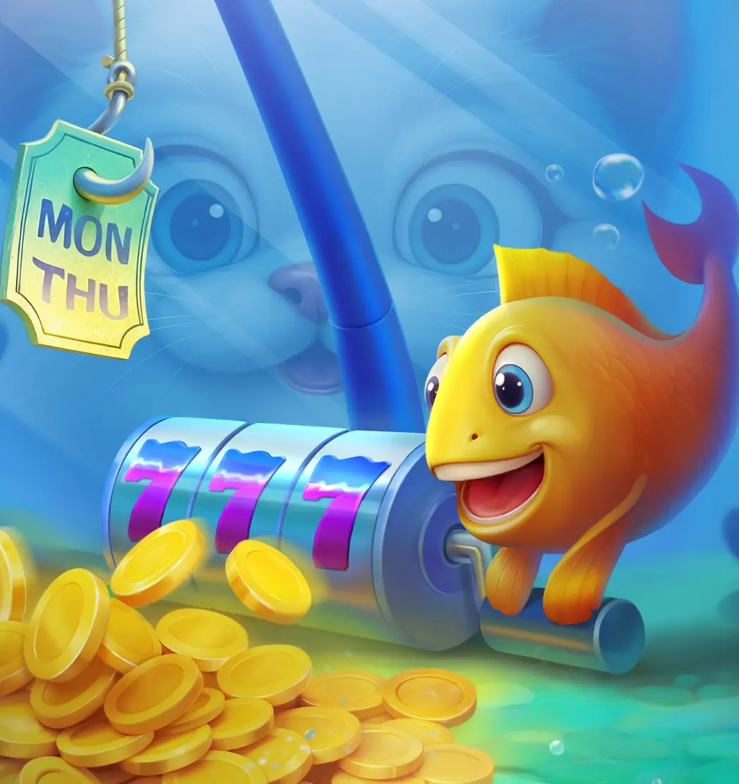 Radosna złota rybka kręci dźwignią automatu do gier z symbolami 777, z którego wypadają złote monety, a w tle widać zaciekawionego kota patrzącego zza szyby akwarium.